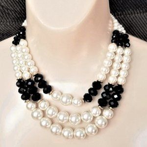 Necklace Faux Pearl Beads Gold Tone 18" Triple